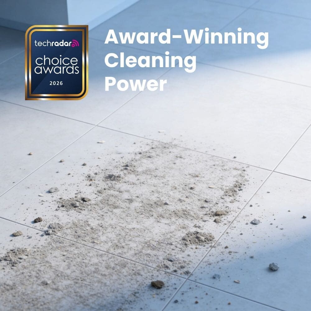 Dust and debris on a tiled floor before cleaning