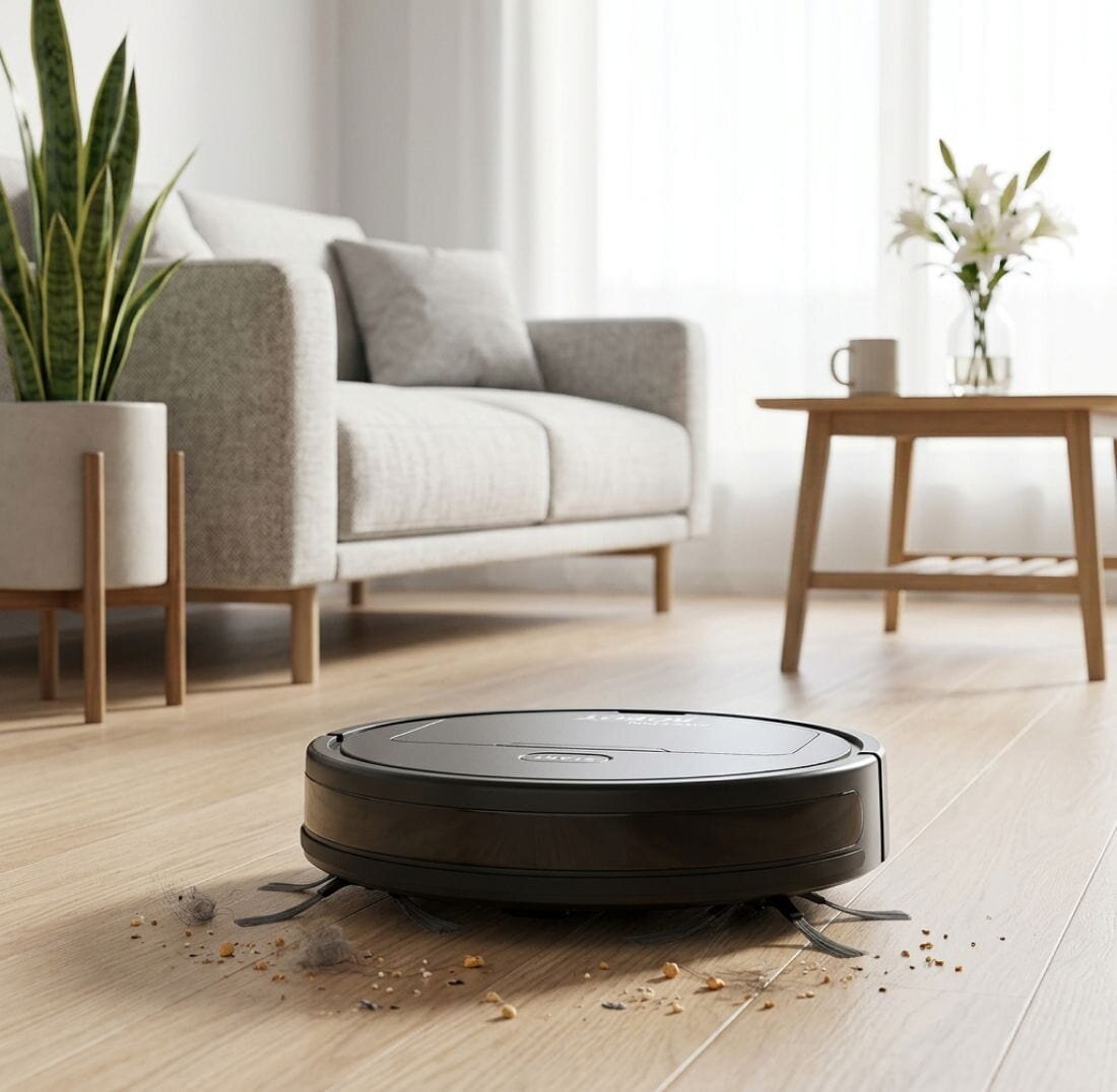 Dustapro robot vacuum cleaning a bright living room floor